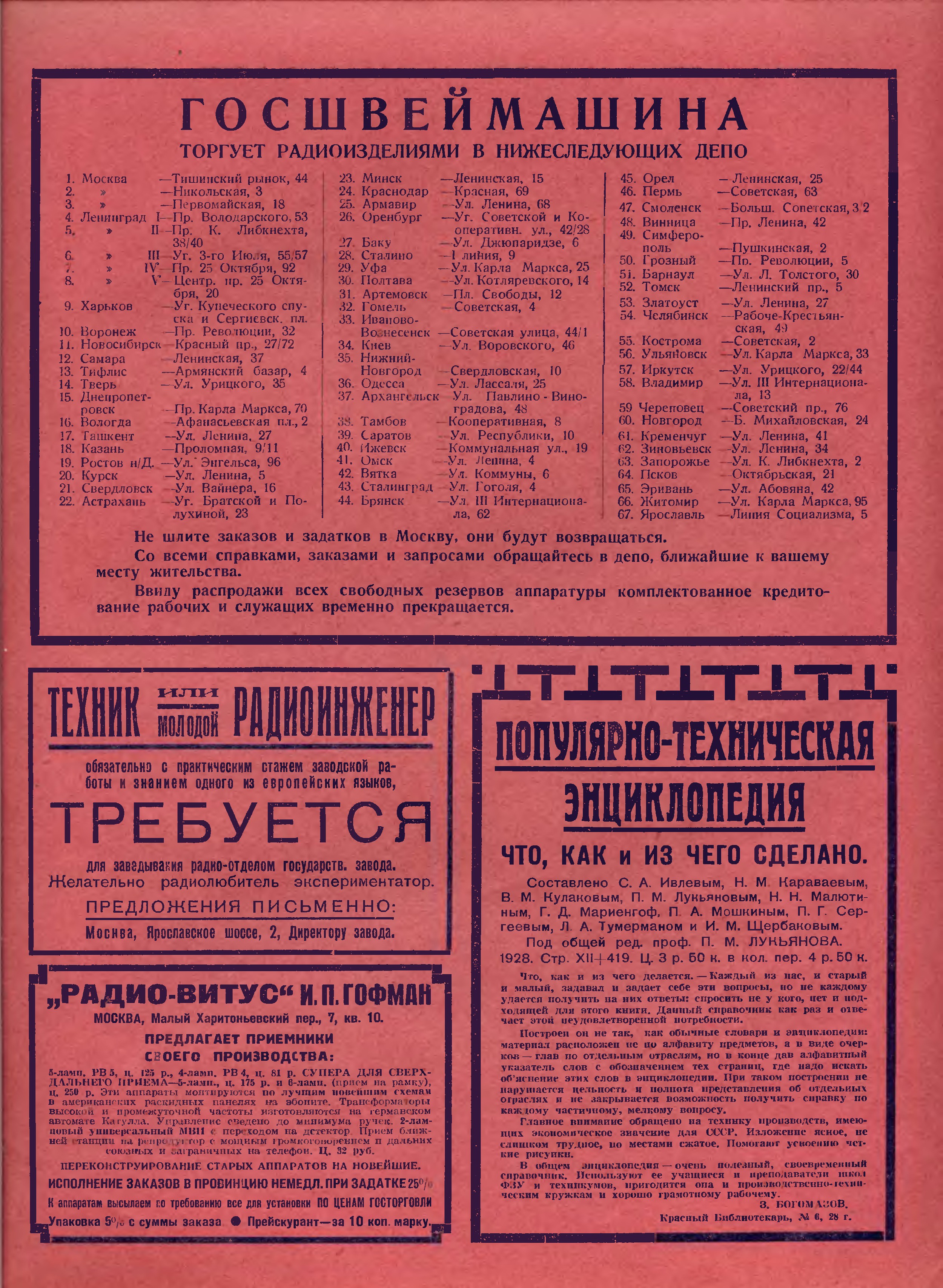 3-я страница обложки журнала «Радио всем» № 14 за 1929 год (крупно)